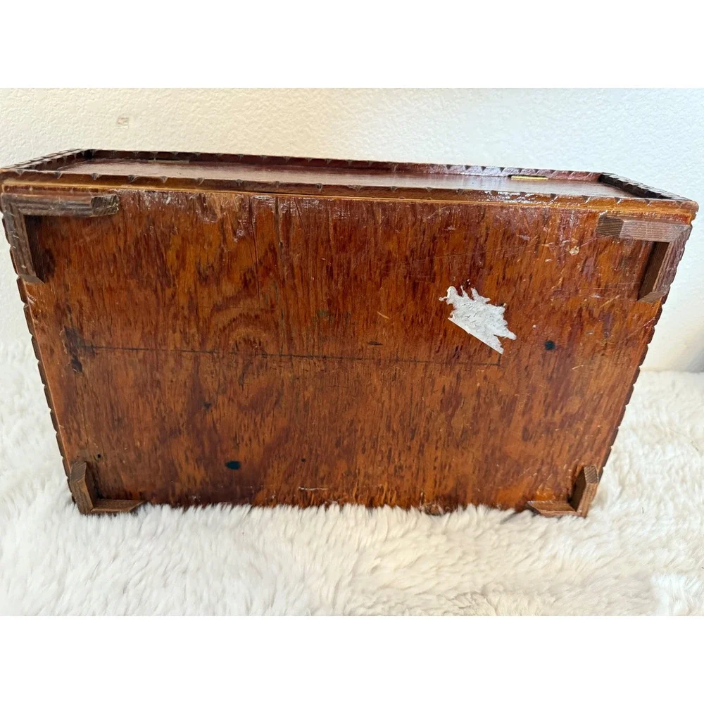 Antique tramp art wooden Box with Intricate Inlay Design Trinket Jewelry Storage